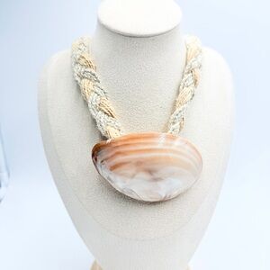 Vintage Mother of Pearl Seashell Pendant Necklace w/ Braided Cord